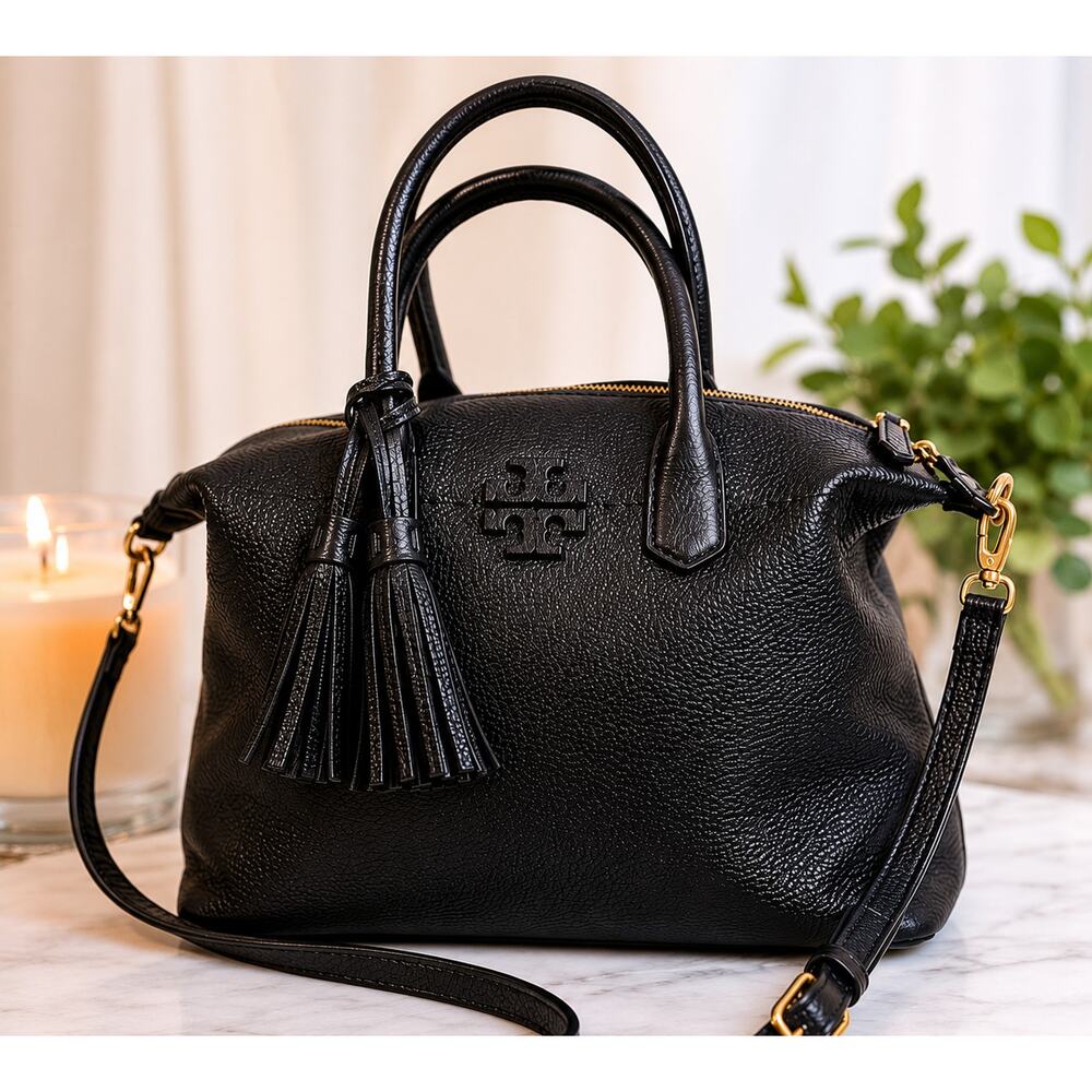 Tory Burch McGraw Pebbled Leather Slouchy Satchel Crossbody Bag Black
